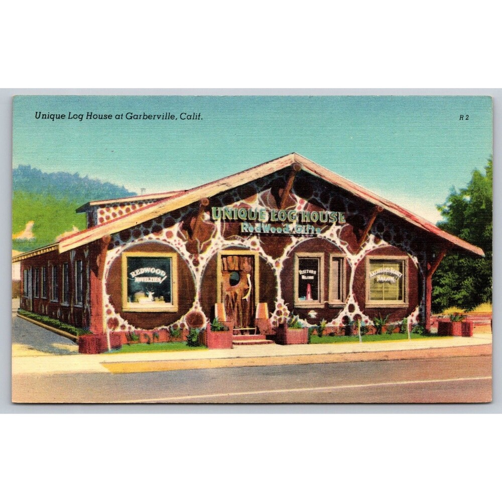 vintage Postcard Unique Log House Garberville CA United Nations Bowls Zan Stark